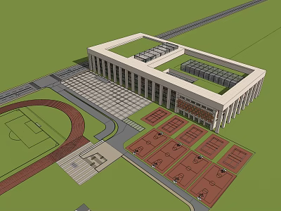 Modern Campus Complex with Green Roof Sports Field Running Track and Basketball Courts 3d model