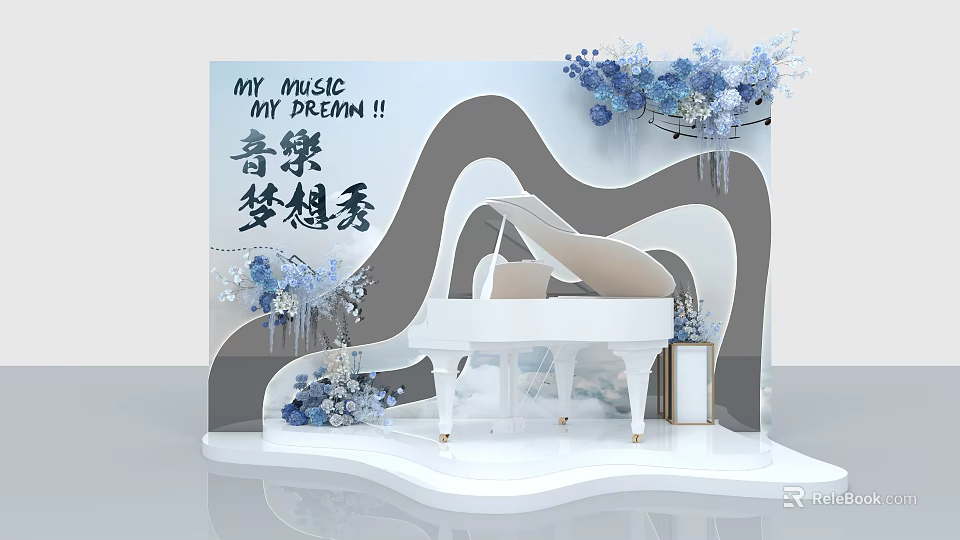 Elegant Stage with White Piano Blue Flowers and Wavy Background for Music Dream Show 3d model 