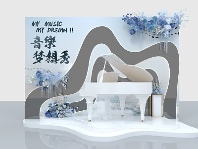 Elegant Stage with White Piano Blue Flowers and Wavy Background for Music Dream Show 3d model