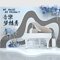 Elegant Stage with White Piano Blue Flowers and Wavy Background for Music Dream Show