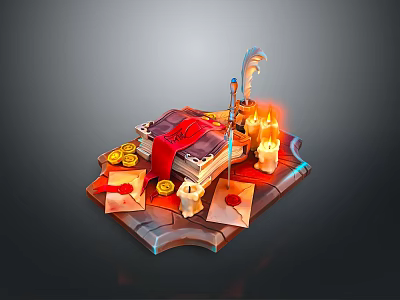 Household Items Display With Open Book Red Cloth Burning Candles Gold Coins And Envelopes 3d model