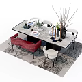 Modern Dining Table Set With Red Bench White Chairs And Decorative Vase On Patterned Rug 3d model