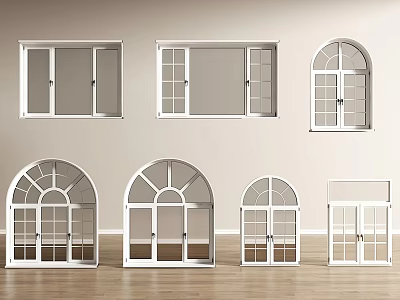 Various Style Casement Windows With Arched And Rectangular Frames In Interior 3d model