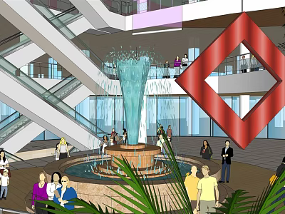 Bustling Shopping Mall Lobby With Central Fountain Escalators Glass Walls And Visitors 3d model