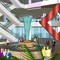 Bustling Shopping Mall Lobby With Central Fountain Escalators Glass Walls And Visitors