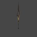 Ornate Ancient Polearm With Curved Blade Golden Rings Brown Wrapped Handle And Metal Details