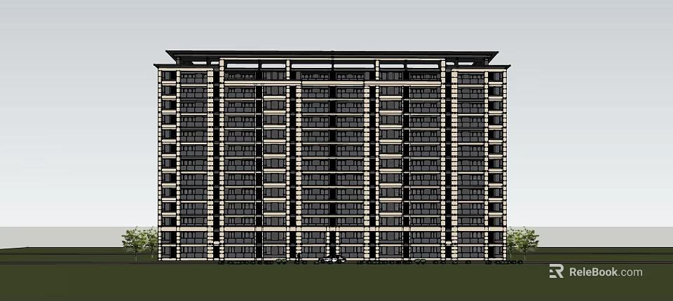 Modern High Rise Building Architectural Design With Multiple Windows And Ground Greenery 3d model