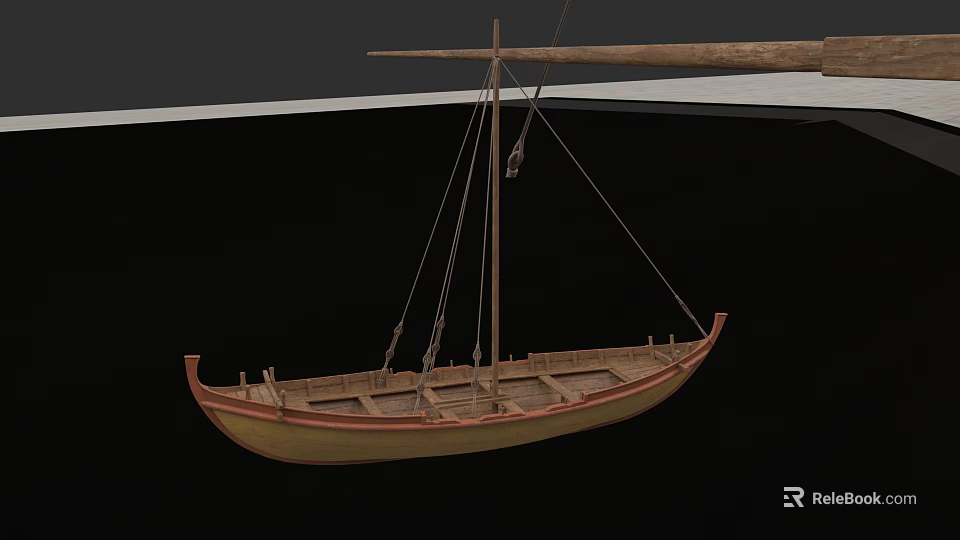 Classic Wooden Boat With Mast Ropes And Traditional Wooden Structure Design 3d model 