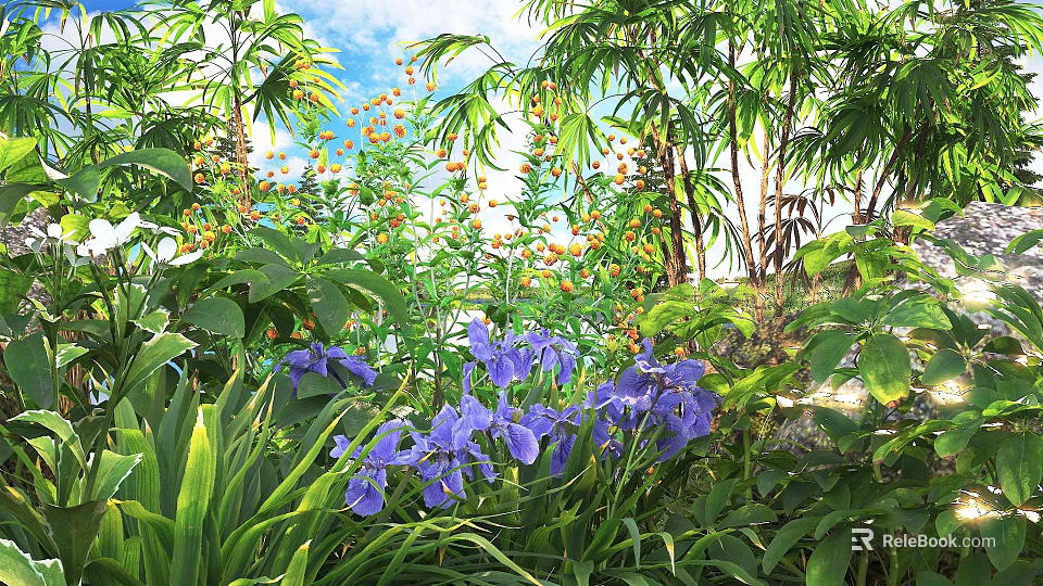Lush Garden Shrubs With Purple Iris Flowers And Orange Blooms Under Blue Sky 3d model 