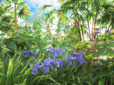 Lush Garden Shrubs With Purple Iris Flowers And Orange Blooms Under Blue Sky 3d model