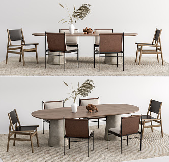 Quiet Dining Table and Chair Combination Long Table Dining Chair Decoration Combination 3d model