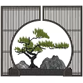Chinese Traditional Screen With Circular Hollow Design Pine Tree And Rockery Oriental Aesthetic Decor