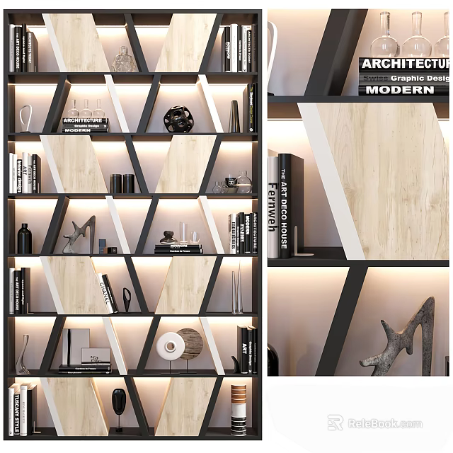 Modern Geometric Bookcase Design With Wooden Shelves Black Frame Books Decorative Objects And Sculptures 3d model 