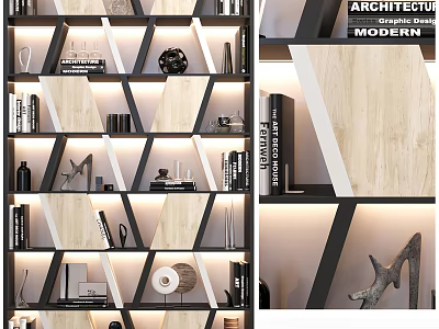 Modern Geometric Bookcase Design With Wooden Shelves Black Frame Books Decorative Objects And Sculptures 3d model
