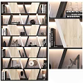 Modern Geometric Bookcase Design With Wooden Shelves Black Frame Books Decorative Objects And Sculptures