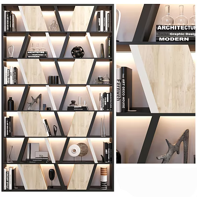 Modern Geometric Bookcase Design With Wooden Shelves Black Frame Books Decorative Objects And Sculptures 3d model