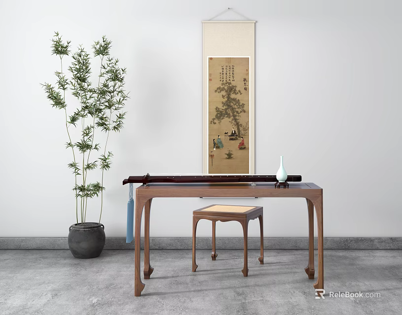 Traditional Chinese Wooden Table And Stool Set With Bamboo Plant And Scroll Painting 3d model 