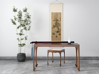 Traditional Chinese Wooden Table And Stool Set With Bamboo Plant And Scroll Painting 3d model