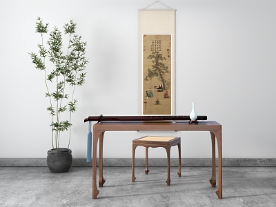 Chinese Style Piano Table Piano Stool Piano Table Guqin Listening Piano Figure Bamboo 3d model