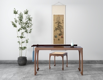 Chinese Style Piano Table Piano Stool Piano Table Guqin Listening Piano Figure Bamboo 3d model