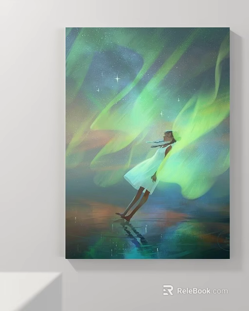 Enchanting Landscape Painting With Aurora Borealis Stars Girl In White Dress And Water Reflection 3d model 