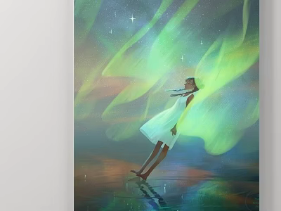 Enchanting Landscape Painting With Aurora Borealis Stars Girl In White Dress And Water Reflection 3d model