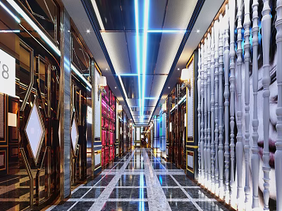 Modern Elevator Hallway Interior Design With Metal Decor LED Lighting And Polished Floor Tiles 3d model