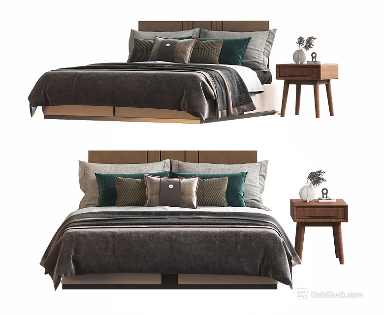 Modern Double Bed Featuring Soft Dark Bedspread Decorative Pillows And Wooden Nightstand 3d model