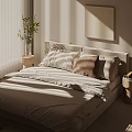 Modern Double Bed with White Sheets Brown Pillow Potted Plant Wall Art and Natural Light
