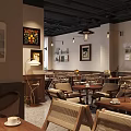 Cozy Café Interior With Wooden Tables Chairs Framed Artwork Pendant Lights And Green Plants