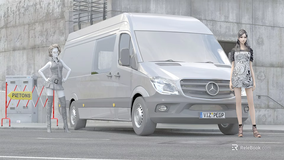 Silver Mercedes Van With Female Models In Modern Industrial Setting 3d model 