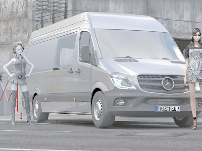 Silver Mercedes Van With Female Models In Modern Industrial Setting 3d model