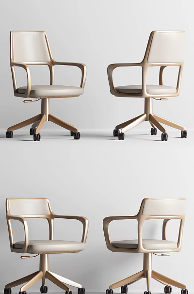 Modern Comfortable Office Chair With Light Seat Golden Base Armrests And Rolling Wheels 3d model