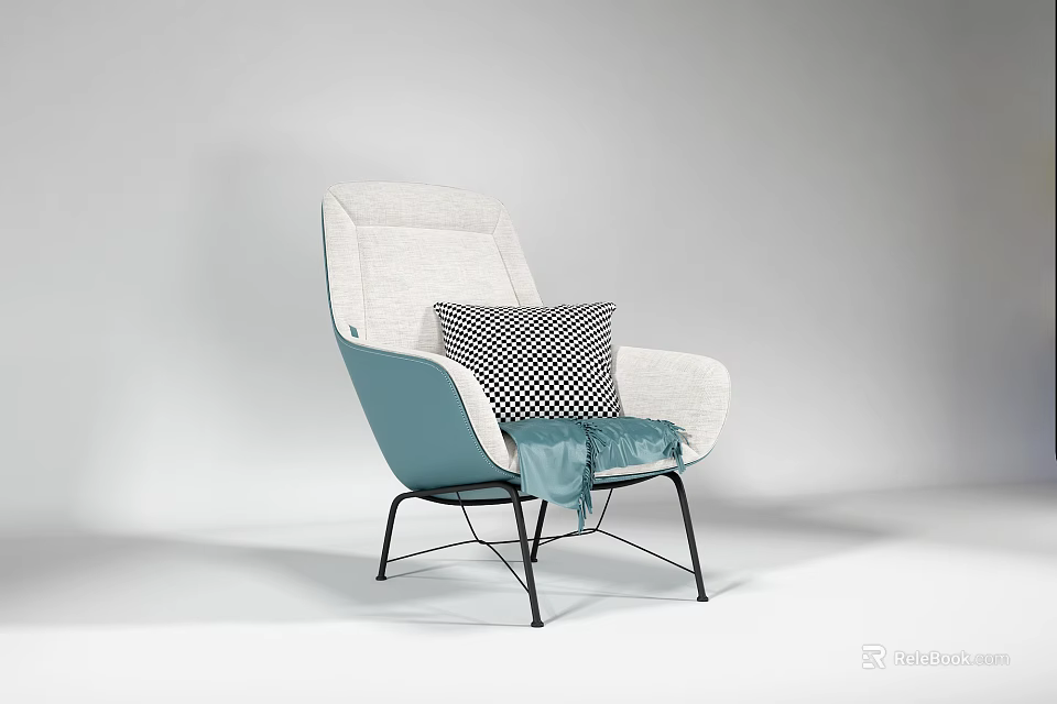 Modern Leisure Chair With Beige Teal Accent Black Metal Legs Checkered Pillow And Blue Blanket 3d model 