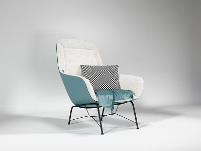 Modern Leisure Chair With Beige Teal Accent Black Metal Legs Checkered Pillow And Blue Blanket 3d model