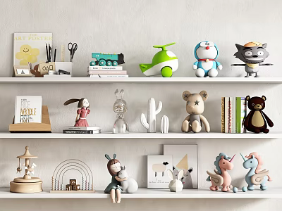 Diverse Decorative Ornament Collection With Assorted Toys Figurines Models On White Shelves 3d model