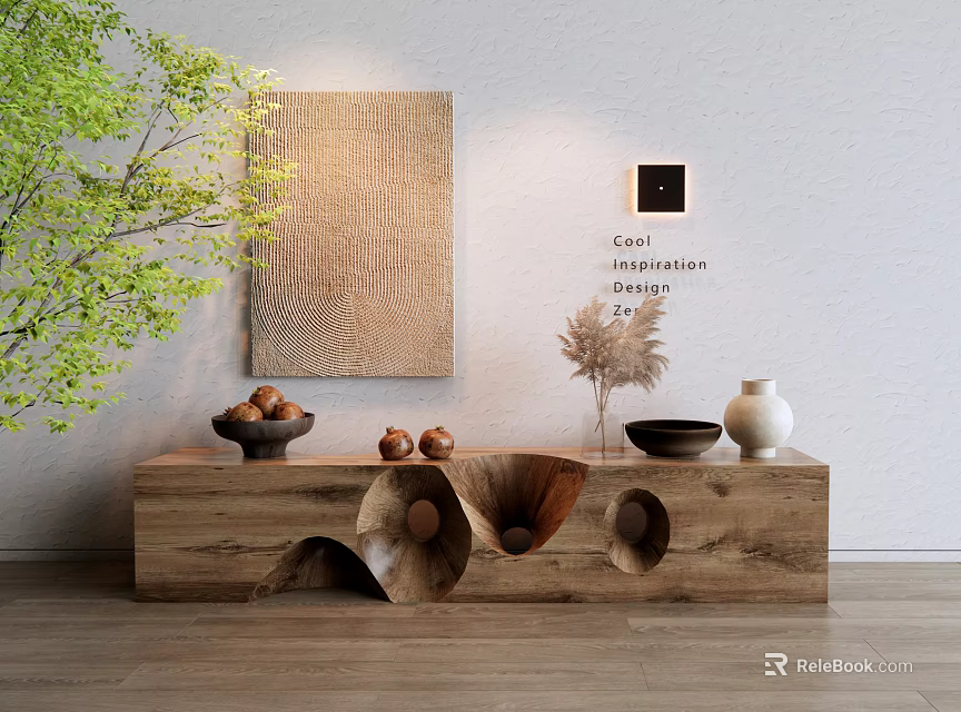 Modern Wooden Bench With Unique Carved Design Decorative Bowls Vases Green Plant And Wall Art 3d model 