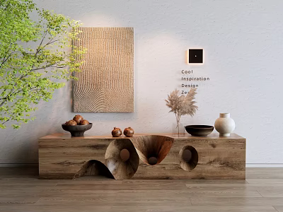 Modern Wooden Bench With Unique Carved Design Decorative Bowls Vases Green Plant And Wall Art 3d model