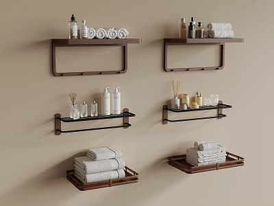 Bathroom Wall Mounted Shelves With Towels Toiletries On Wooden Metal Racks Beige Wall 3d model