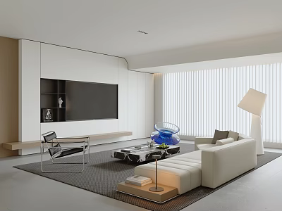 Modern Living Room Interior Design With White Sofa Blue Spherical Chair Large Window And Blinds 3d model