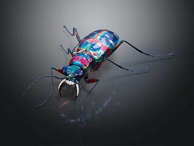 Colorful Flying Insect With Metallic Sheen Vibrant Colors Long Antennae On Dark Reflective Background 3d model