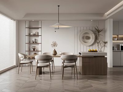Modern Restaurant Interior With Dining Table Chairs Pendant Light Decorative Mirror And Wooden Cabinets Plant 3d model