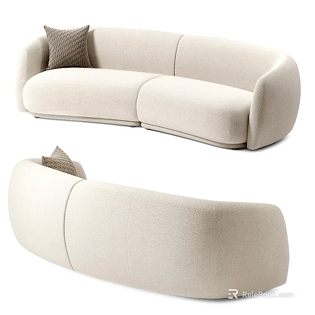 Beige Curved Two Seater Sofa With Soft Fabric And Brown Decorative Pillow 3d model 