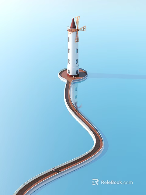 Scenic White Lighthouse Tower With Curved Pathway Along Blue Waterfront Background 3d model 