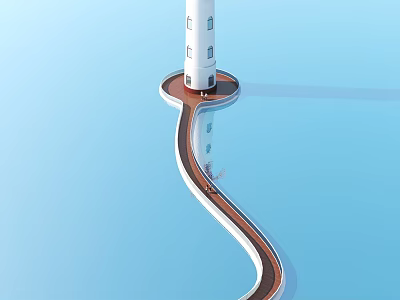 Scenic White Lighthouse Tower With Curved Pathway Along Blue Waterfront Background 3d model