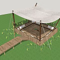 Campsite With Sail Shade Wooden Posts Fence Seats Lamp Post And Grass Area