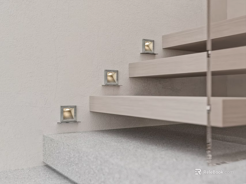 Modern Wall Lights Illuminating Staircase With Wooden Steps And Glass Railing 3d model 