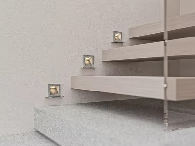 Modern Wall Lights Illuminating Staircase With Wooden Steps And Glass Railing 3d model