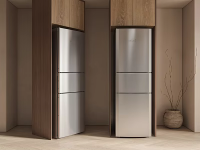 Stainless Steel Refrigerators Embedded In Wooden Cabinets Modern Kitchen Space 3d model