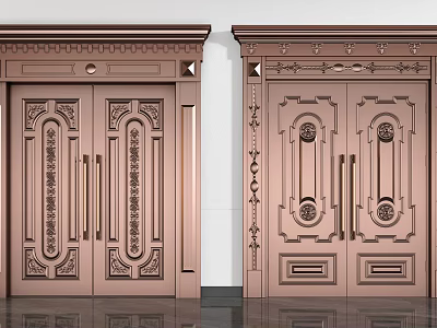 Elegant Copper Double Doors Featuring Intricate Carved Decorations And Classic Design 3d model